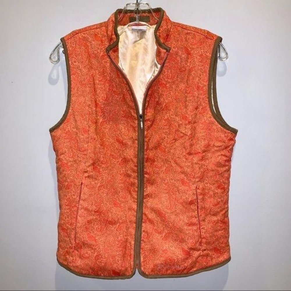 Columbia Womens Orange Paisley Bird Print Full Zip Vest Mock Neck Size Medium